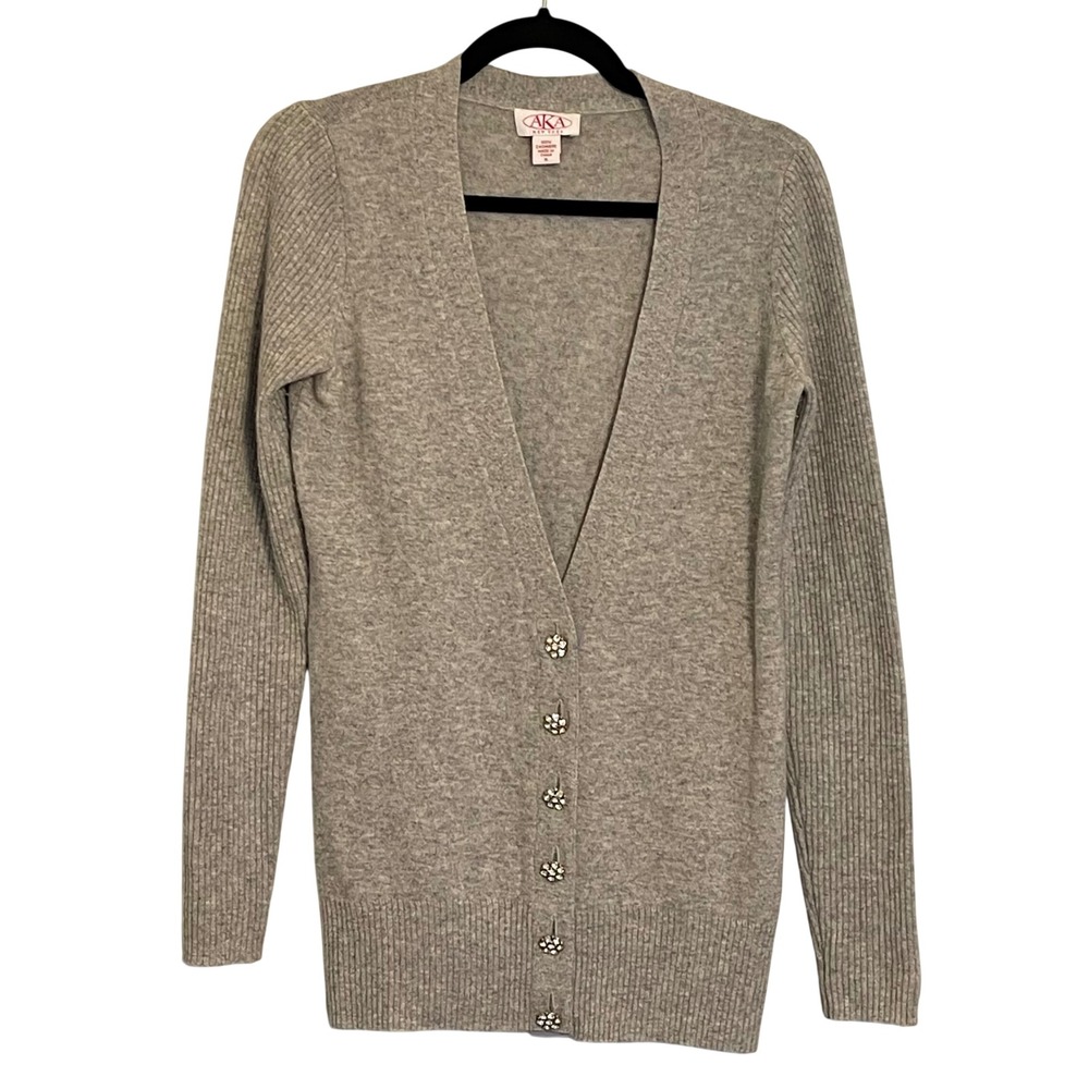 AKA New York 100% Cashmere‎ Cardigan Rhinestone Buttons Grey Small